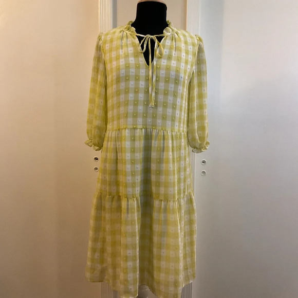 🌹Nanette Lepore Check Chiffon Dress w/Slip Yellow White Gingham Cottage Core - Picture 1 of 5